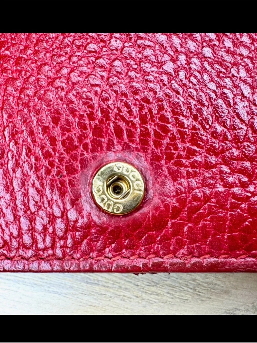 Gucci Red Pebbled Leather Card Holder with Gold Double G Hardware